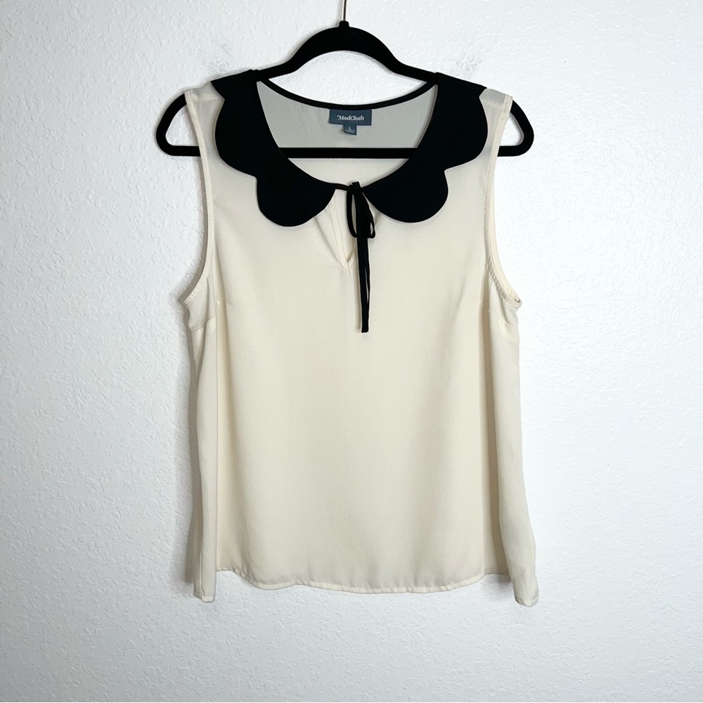ModCloth Women Large Cream Black Peter Pan Top Blouse Sleeveless Scallop Neck  O